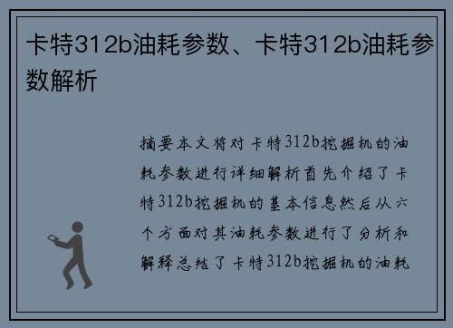 卡特312b油耗参数、卡特312b油耗参数解析